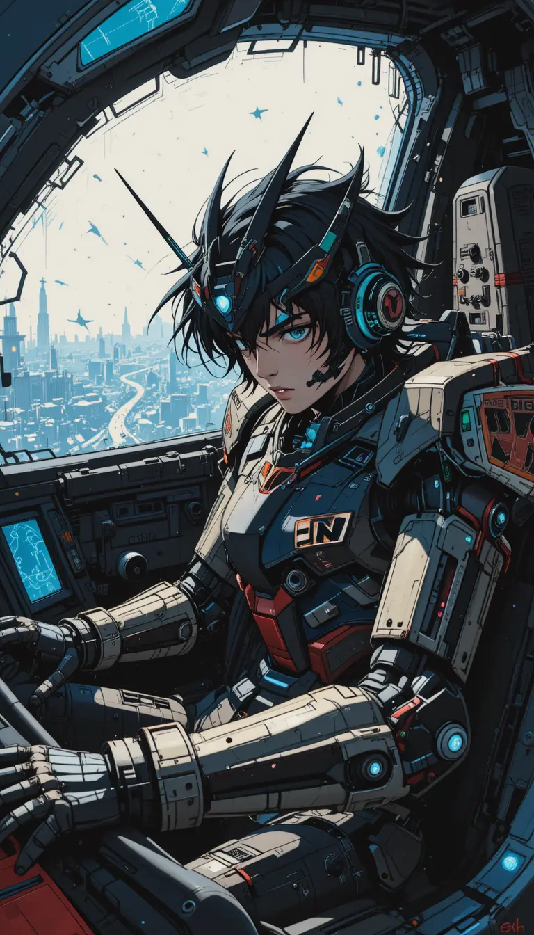 Anime pilot in detailed mecha cockpit ink illustration