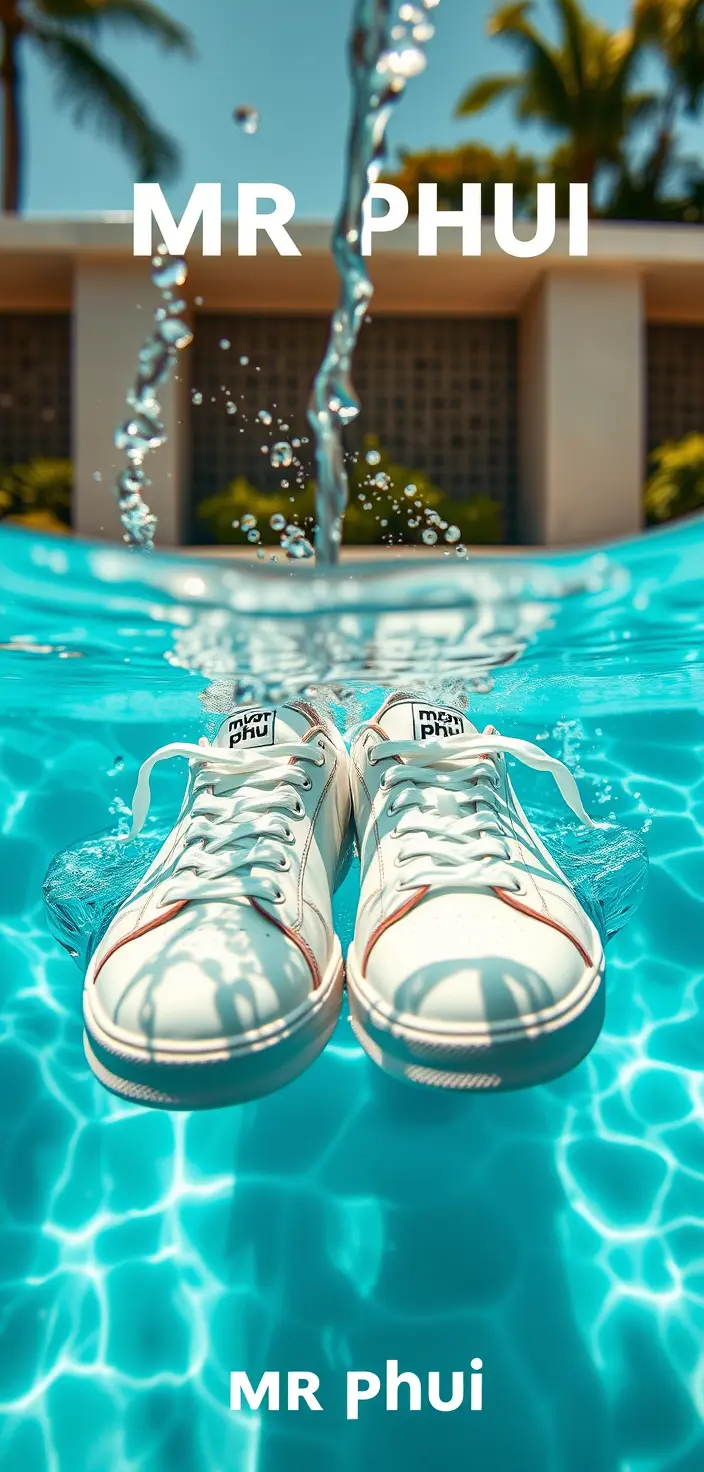 White sneakers dipped in pool water with lemon slices