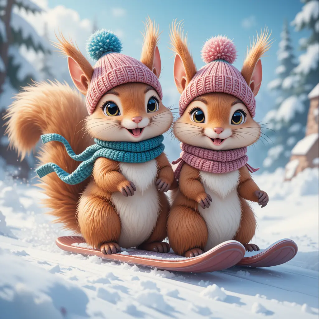 Cartoon squirrels sledding down a snowy mountain