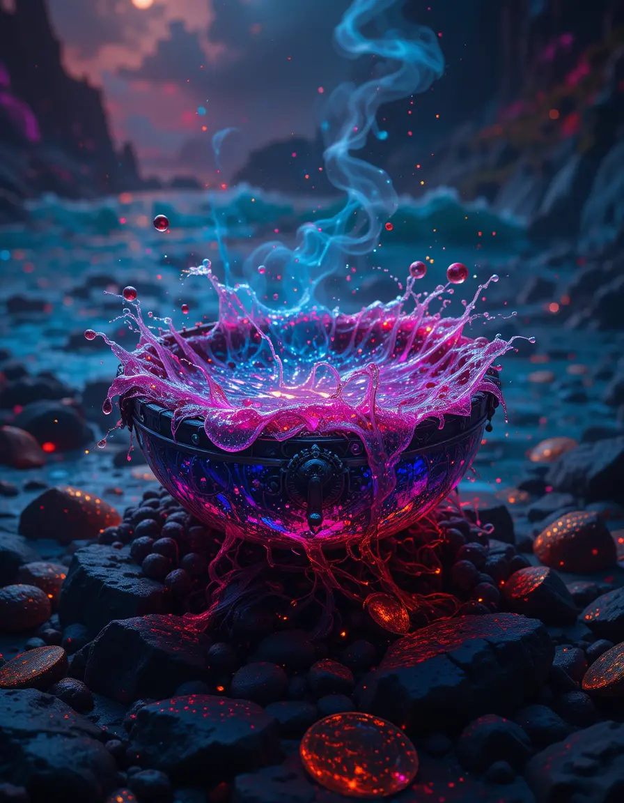 Mythical Treasure Bowl Above A Glowing Mystical Sea
