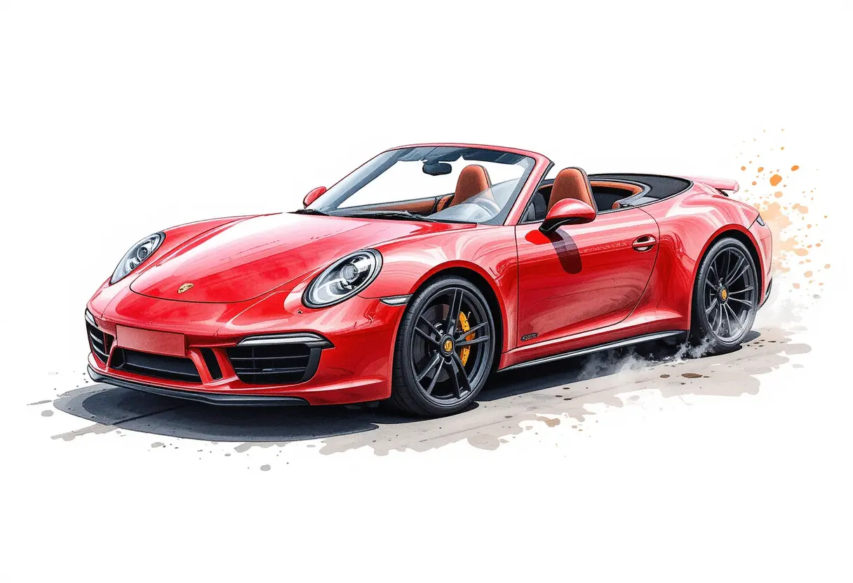 Red Porsche convertible sports car watercolor drawing