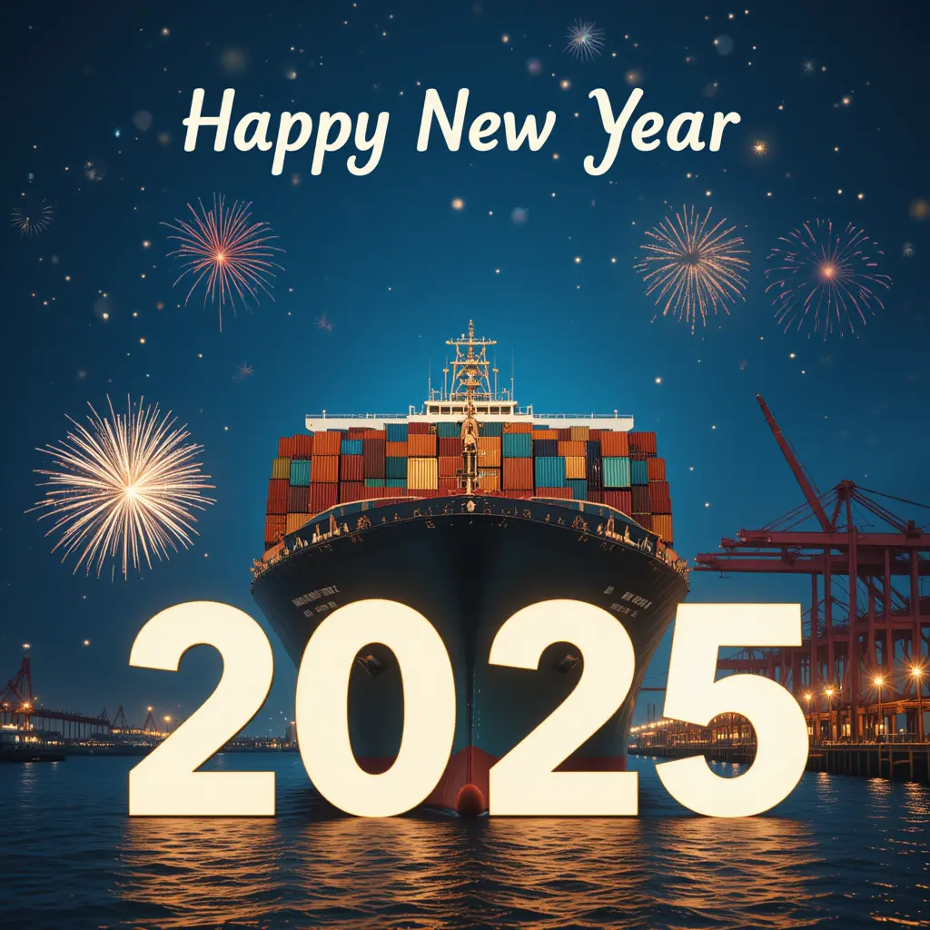 Container ship front view with 2025 new year fireworks design