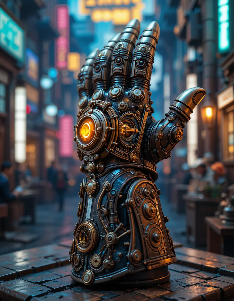 Steampunk gauntlet with gears and neon background