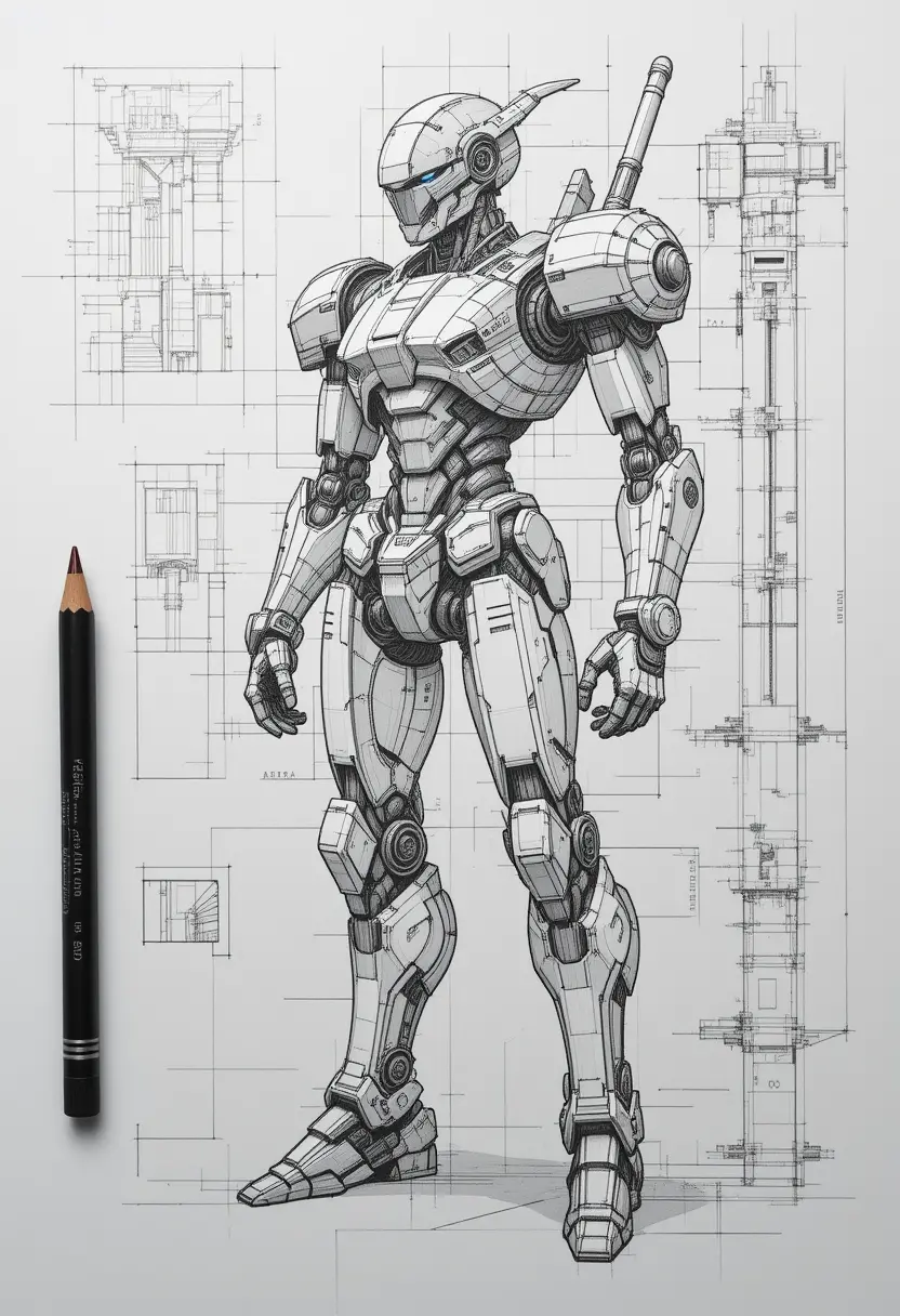 Intricate technical drawing of a mechanical robot concept