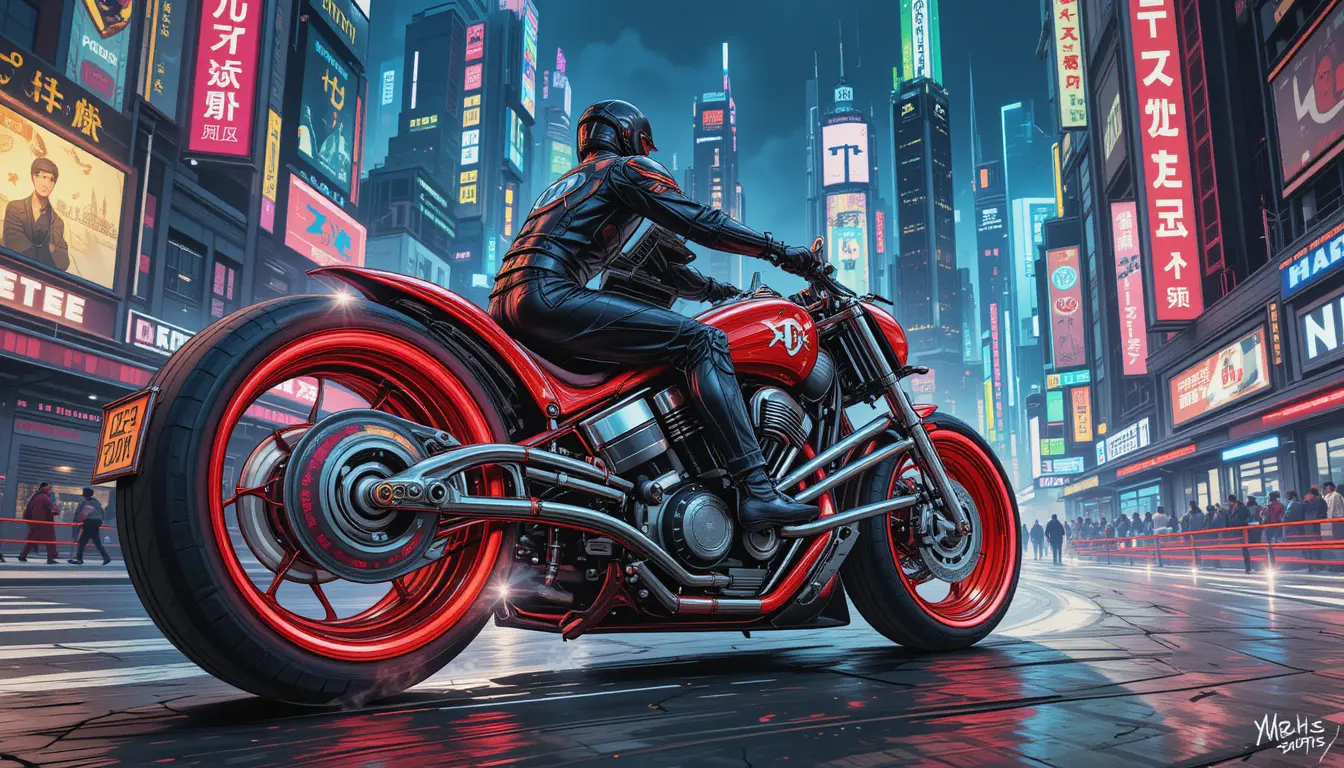 Man Riding Futuristic Low Rider Motorcycle In Neon City