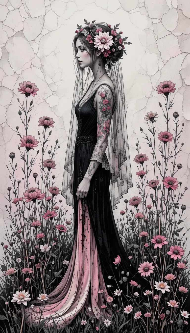 Veiled fantasy woman among tall flowers and grass