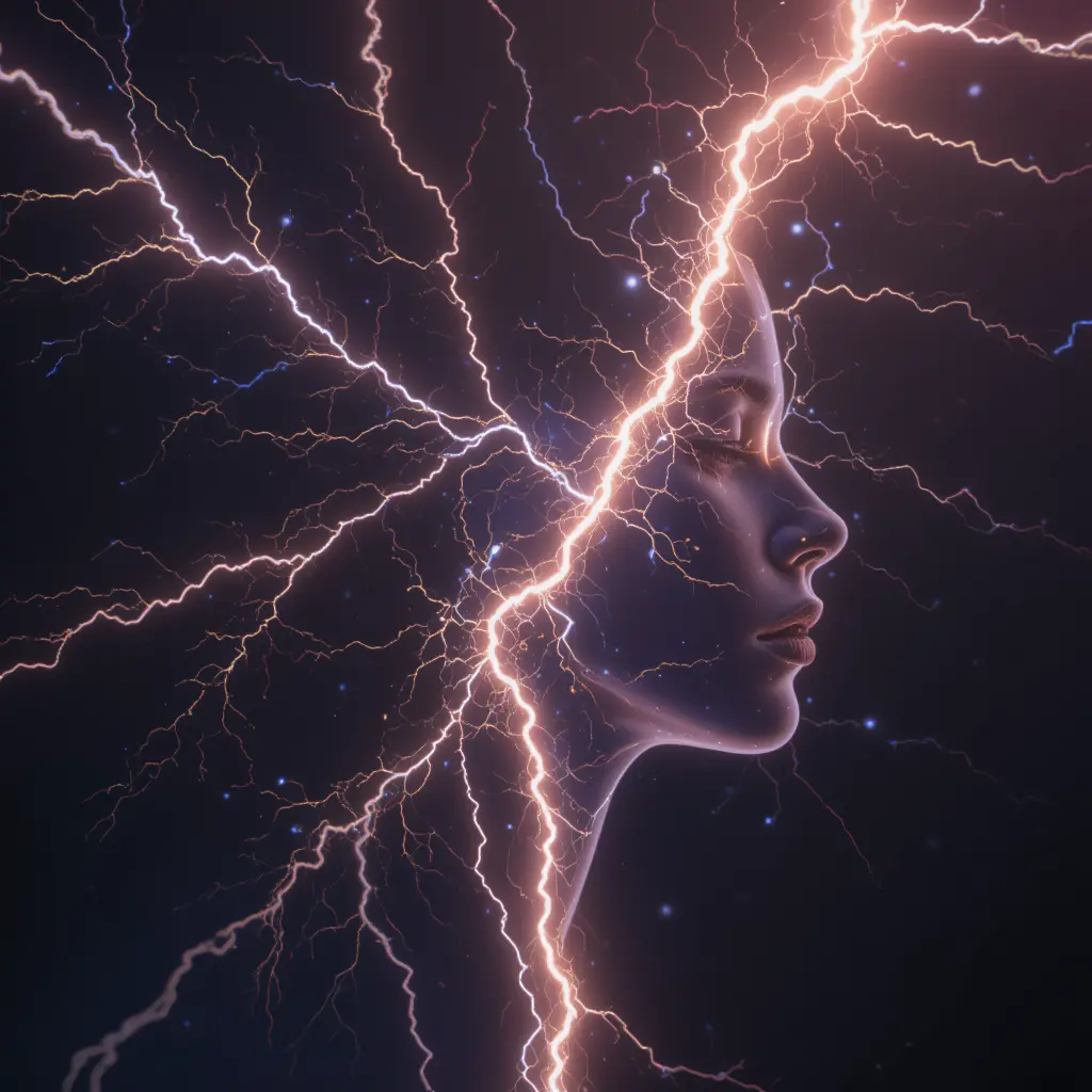 Lightning forming a translucent female face in the night sky