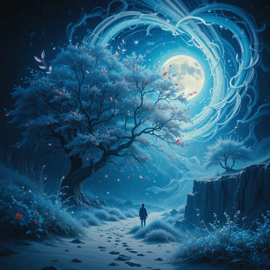 Fantasy moonlit seascape with swirling trees and flowers