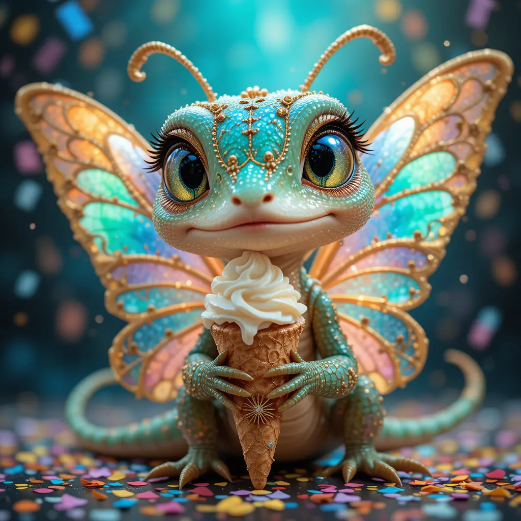 Colorful Fantasy Creature Licking A Vanilla Ice Cream Cone