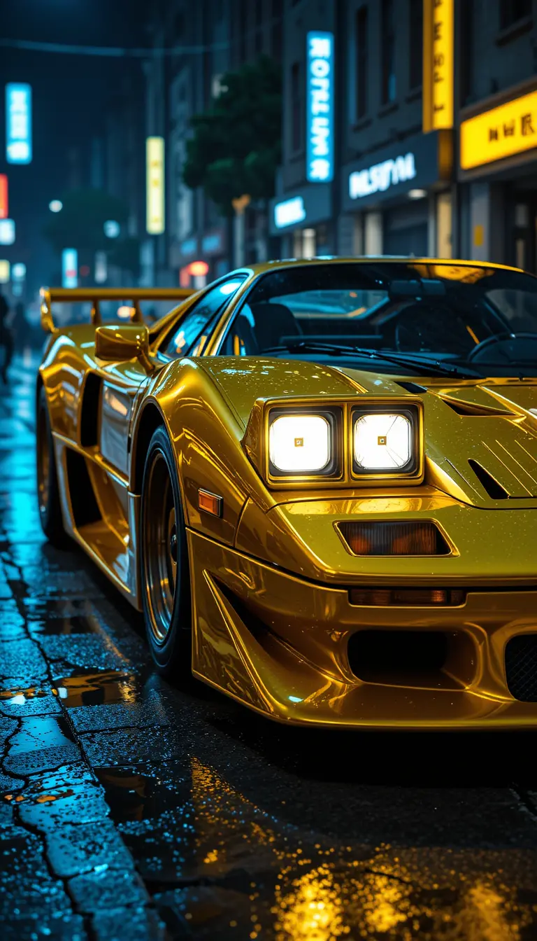 Golden roofless hypercar on neon wet city street