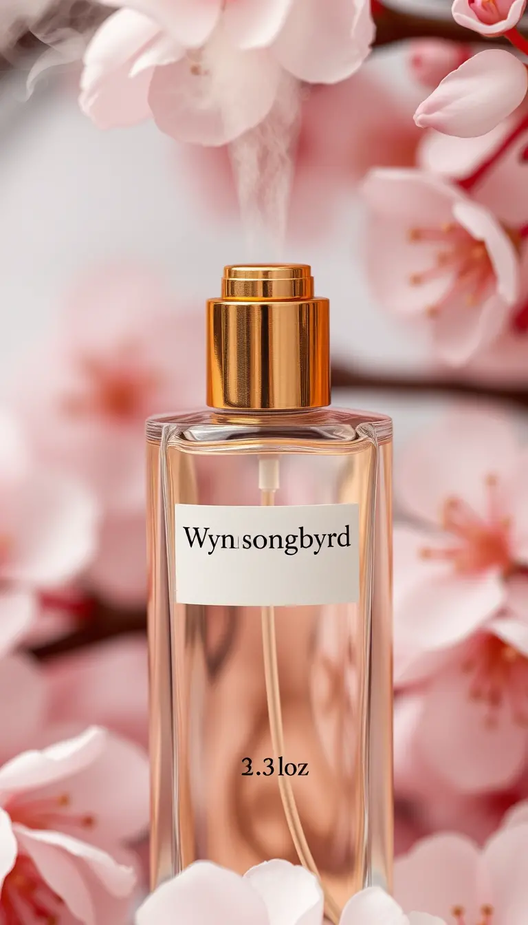 Golden perfume atomizer spraying mist over cherry blossom petals
