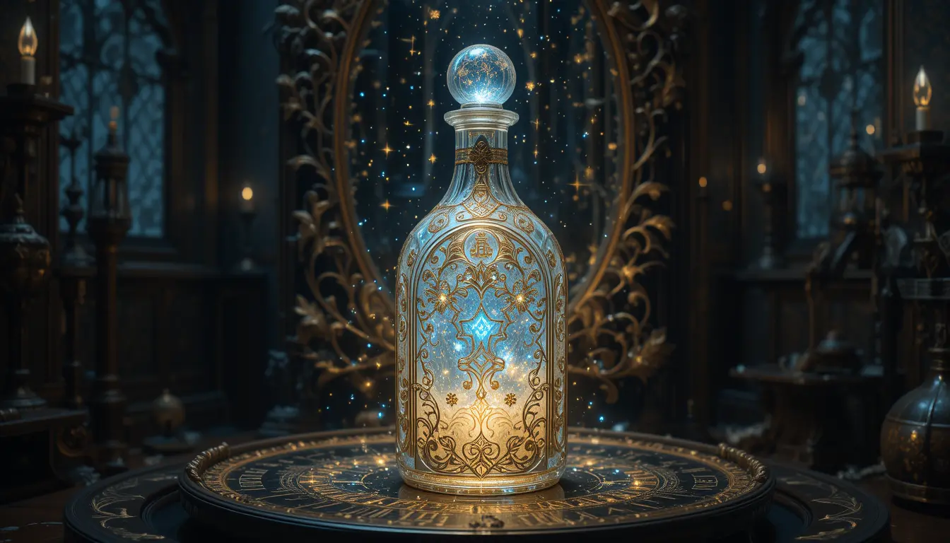 Glowing crystal elixir bottle in a dark mystical room