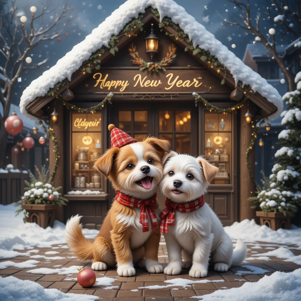 Happy dog and friend outside a festive pet shop