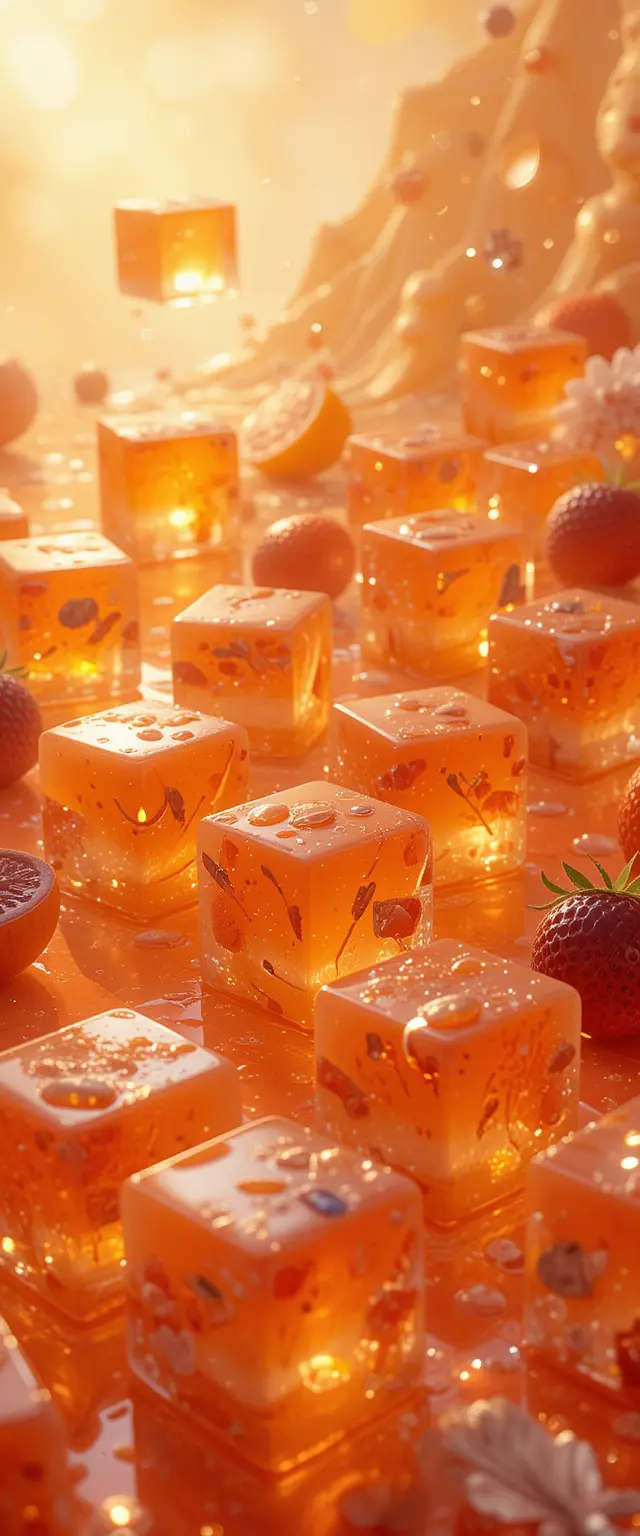 Surreal fruit jelly cubes glowing on orange background