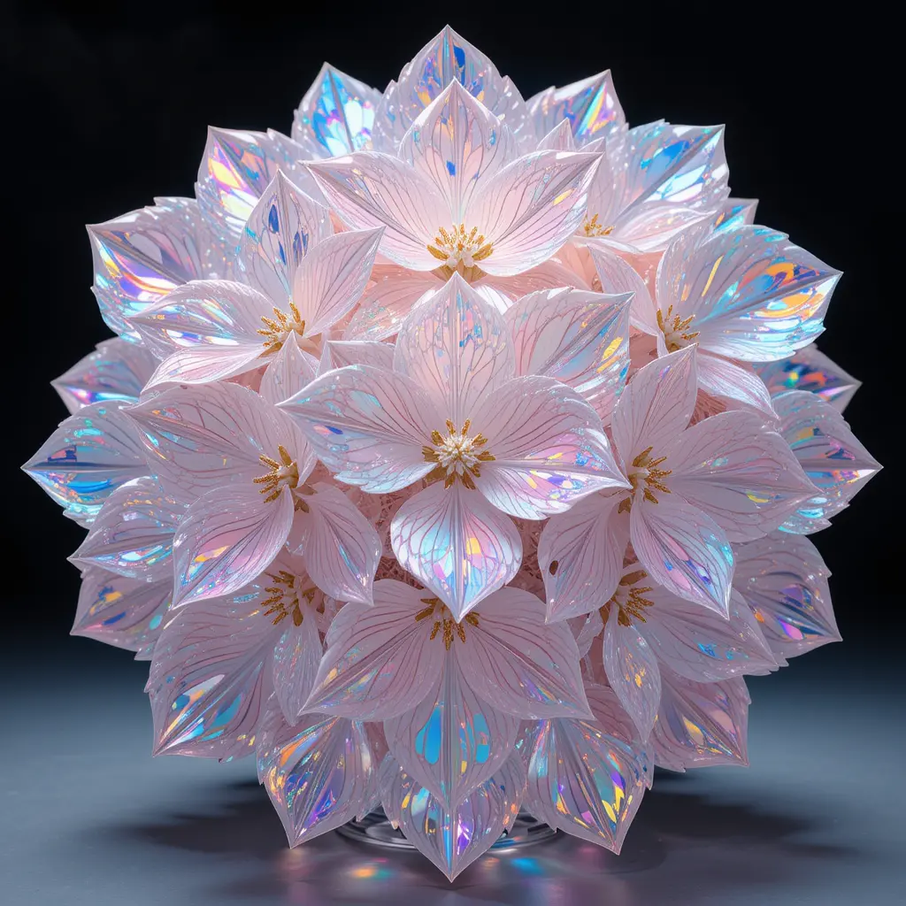 Holographic hydrangea flowers with prismatic crystal glass patterns