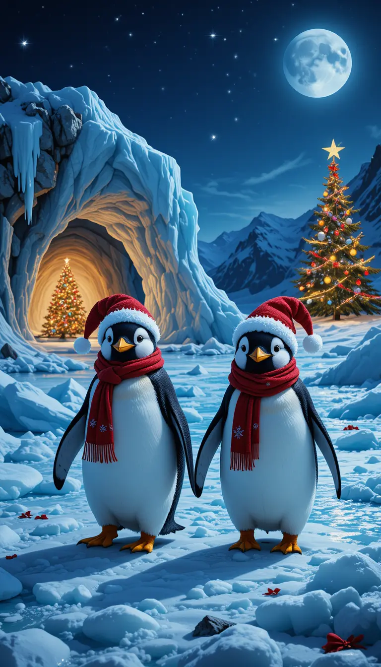 Two penguins in santa hats walking on snowy antarctic night