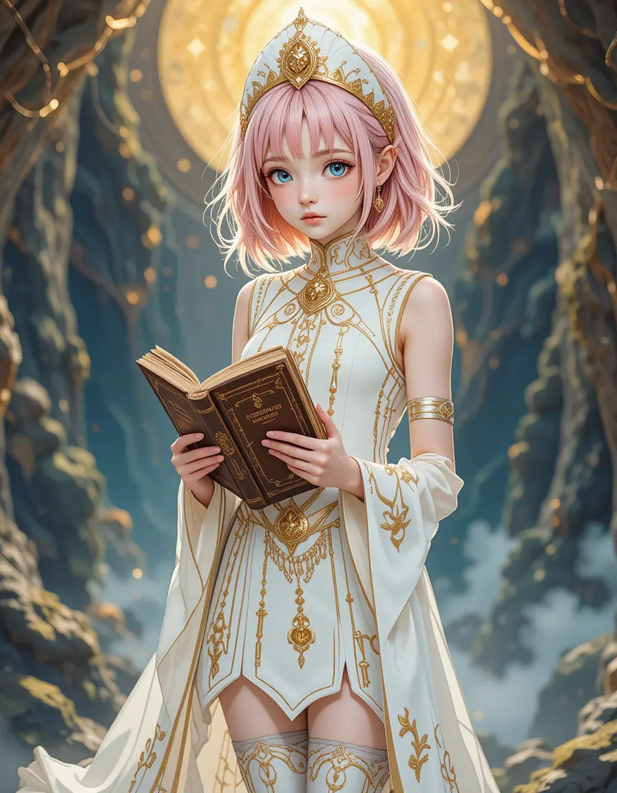 Young fantasy priestess girl holding a sacred book