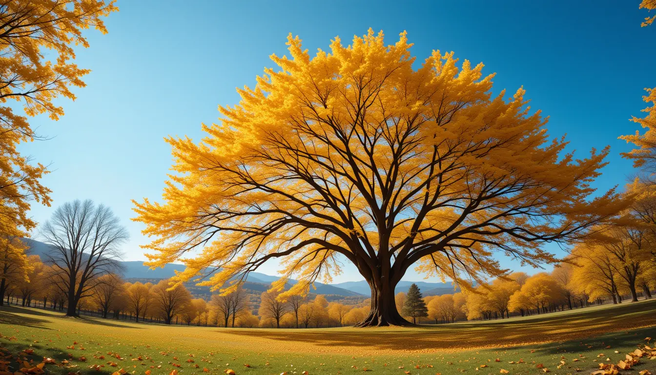 Golden ginkgo tree in a serene autumn landscape