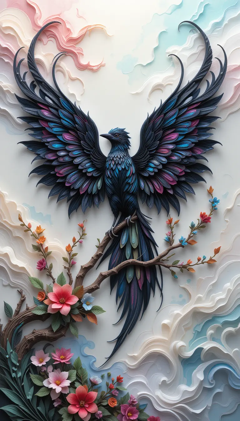 Mystical Paper Quilling Fantasy Bird On Floral Branch