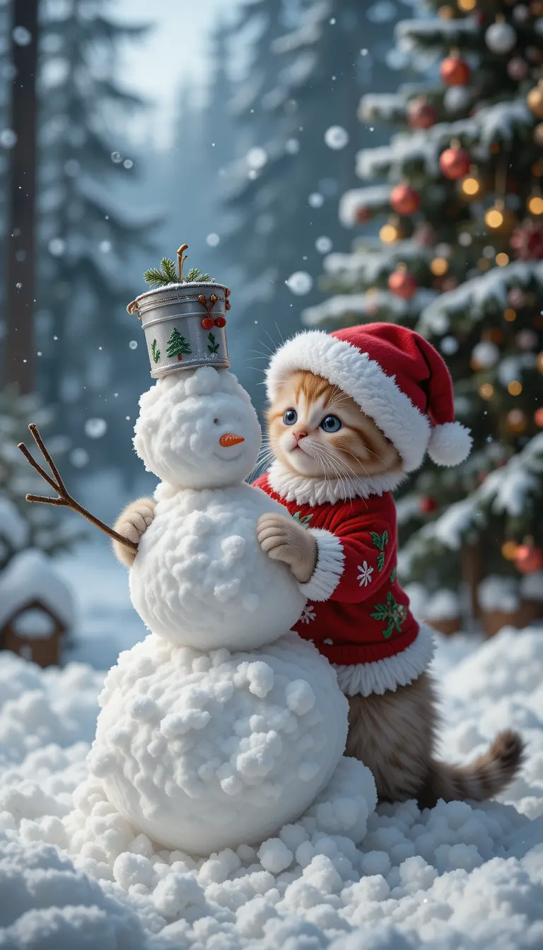 Kitten In Santa Outfit Building A Snowman In Winter Forest