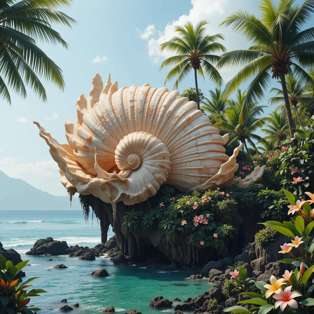 Fantasy trees rising from the sea on a nautilus shell