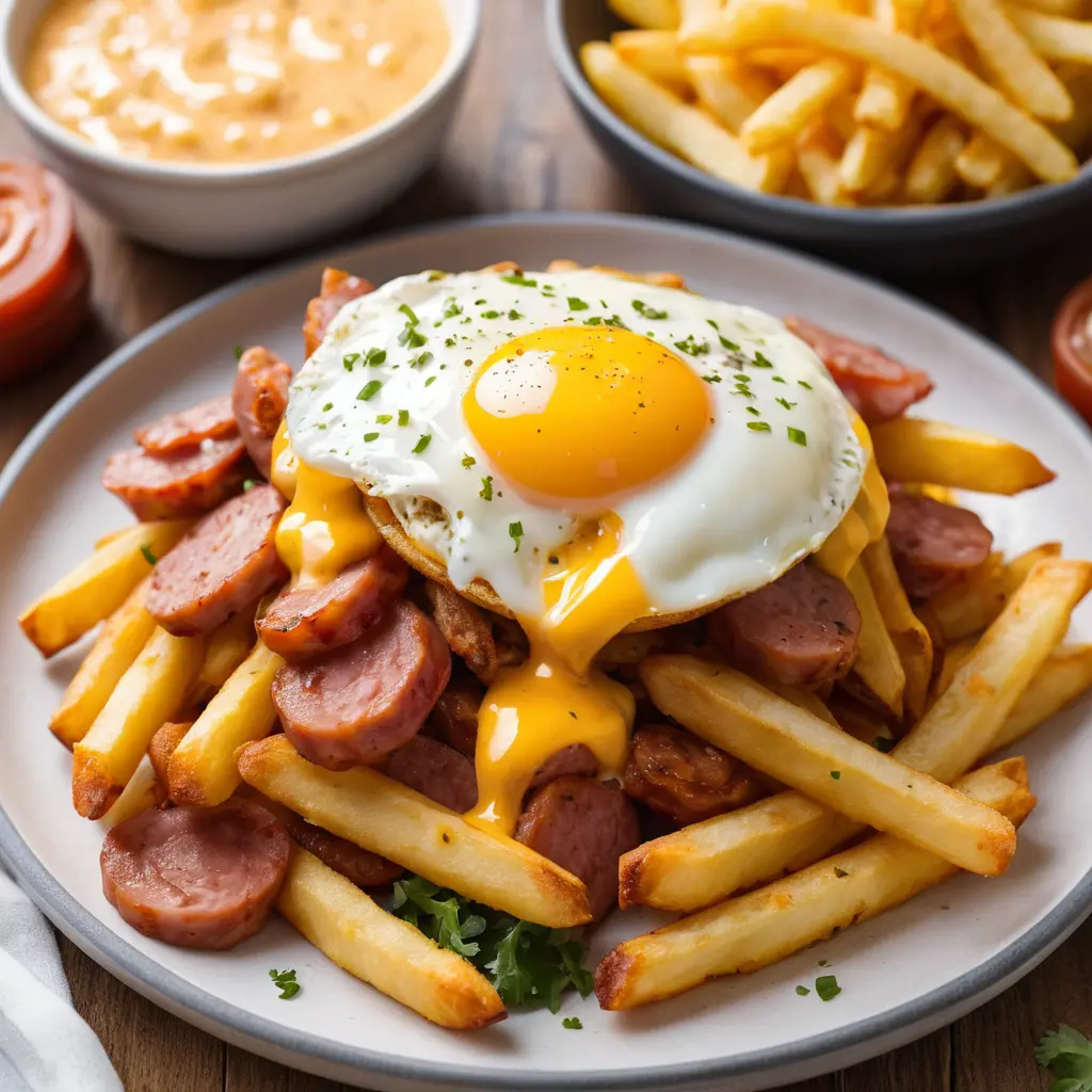 Salchipapas Fries With Sausage Cheese And Fried Egg