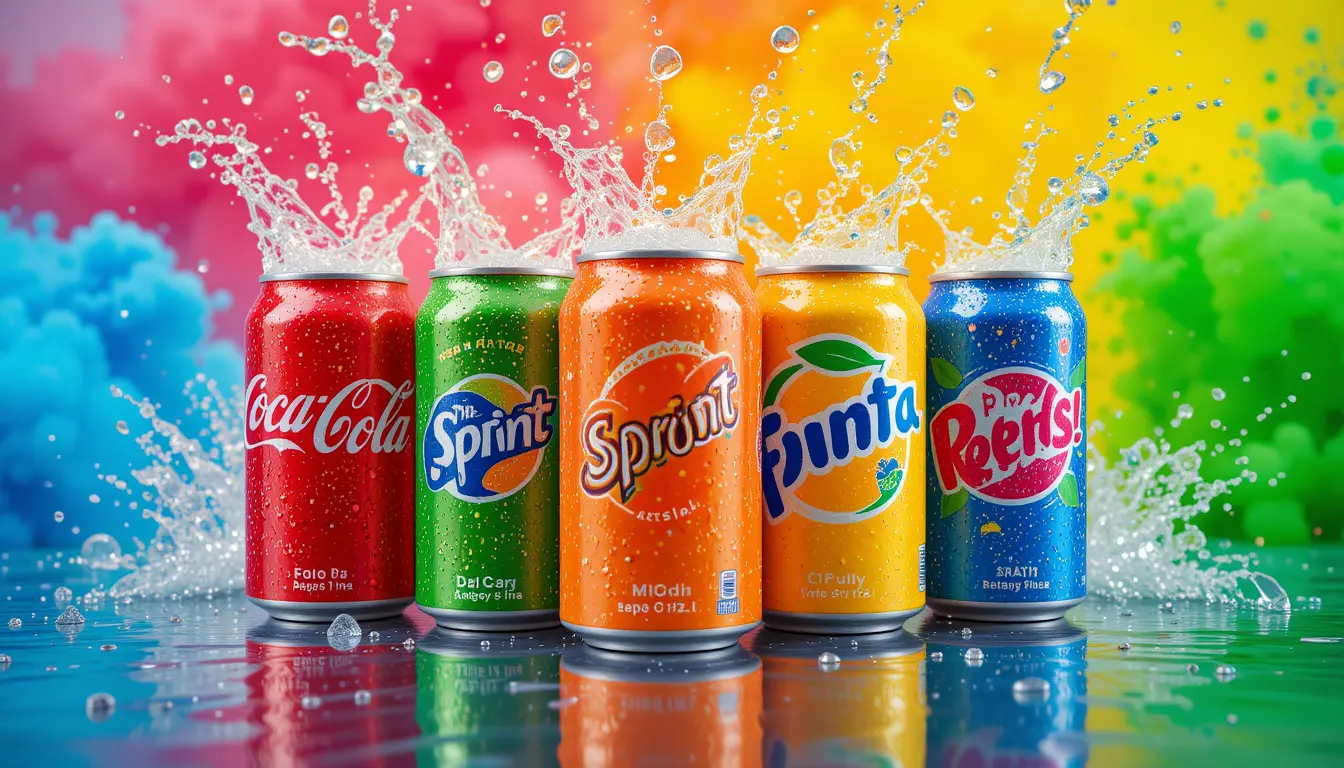 Colorful Soda Cans On Reflective Surface With Splash Effects