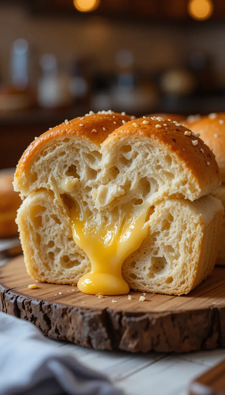 Cheese filled bread roll on rustic wooden cutting board
