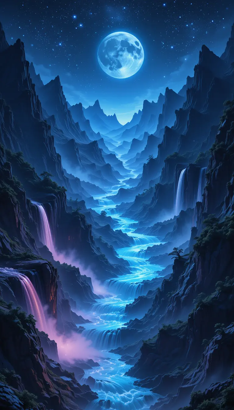 Night fantasy mountains with neon river and full moon