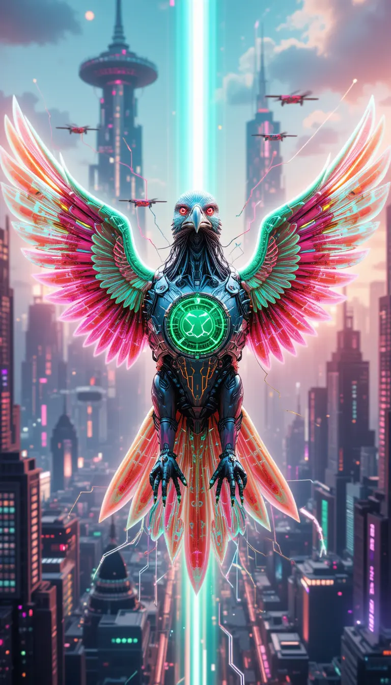 Cybernetic neon eagle soaring above futuristic digital city