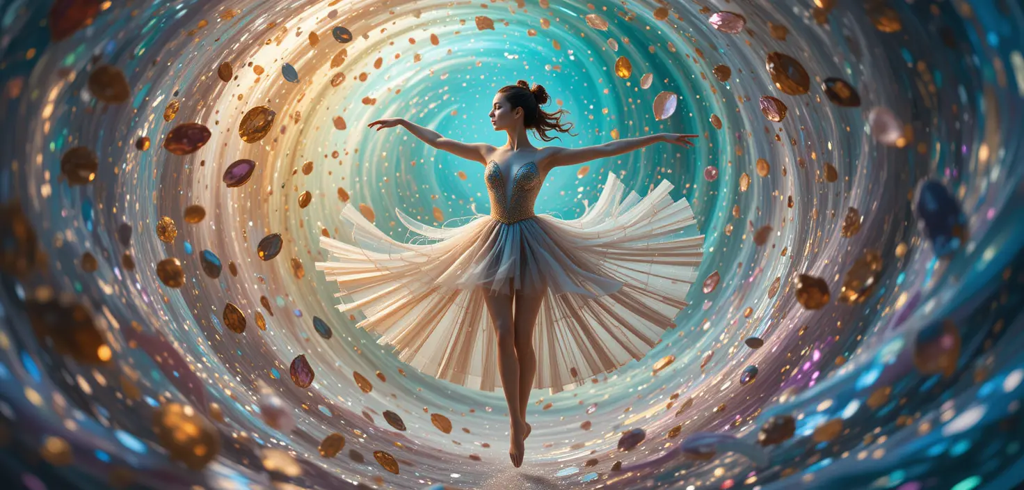 Ethereal ballerina levitating in swirling iridescent colors