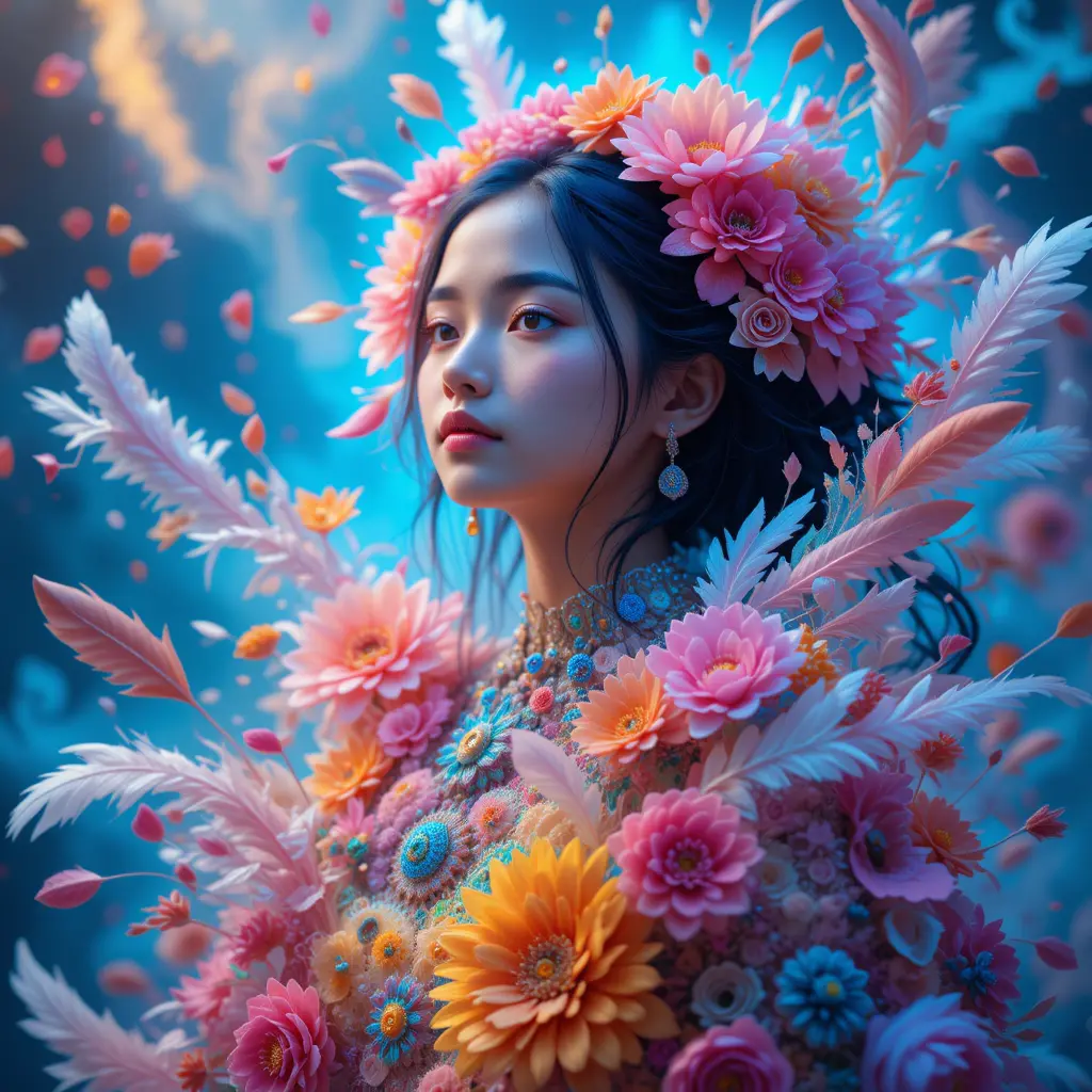 Surreal portrait of a girl with flowers and feathers