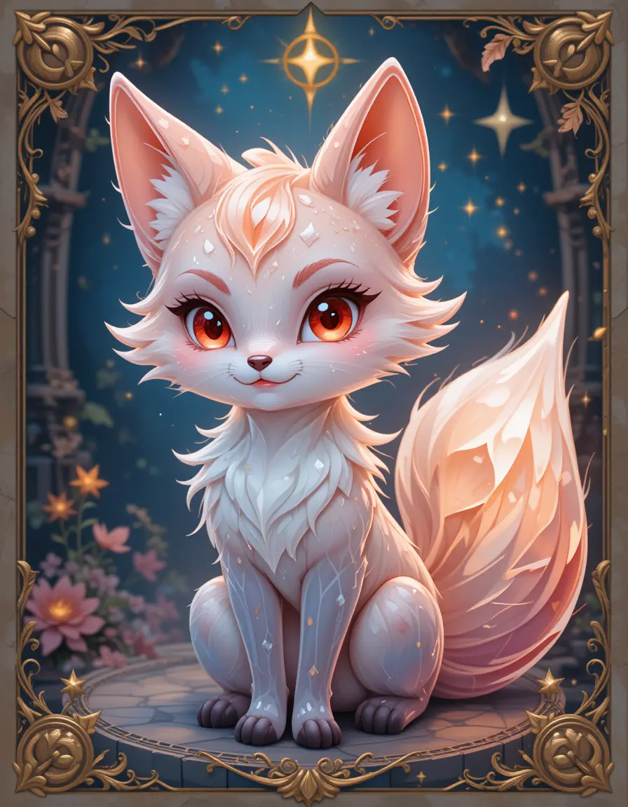 Cute crystal magic fox on mystical ornate background