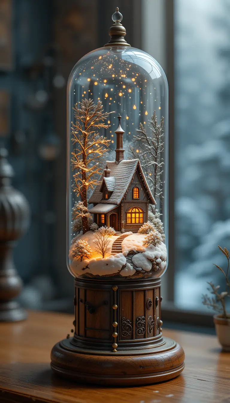 Antique glass vacuum tube with cozy winter cottage scene