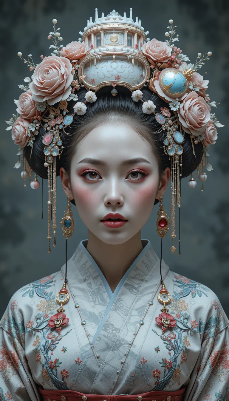 Surreal portrait of a Japanese woman in traditional attire
