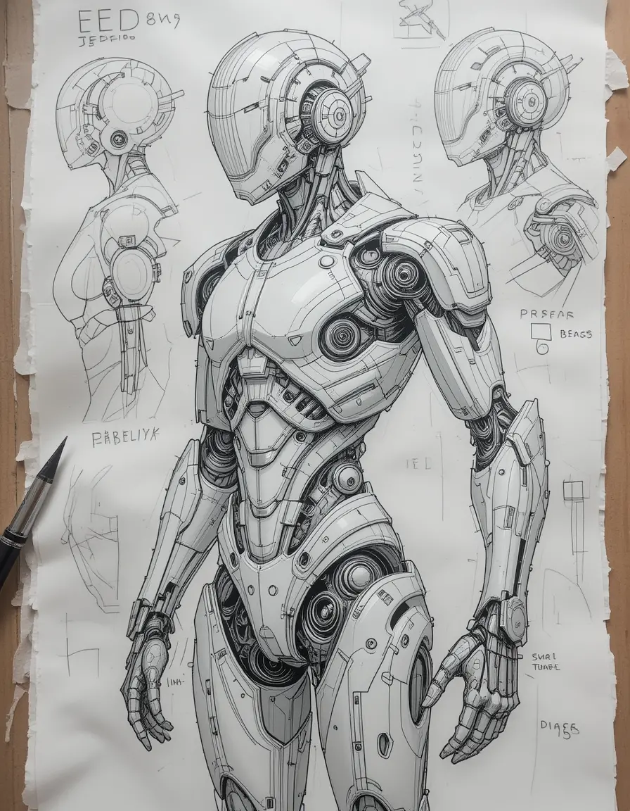 Futuristic humanoid robot sketch with mechanical details