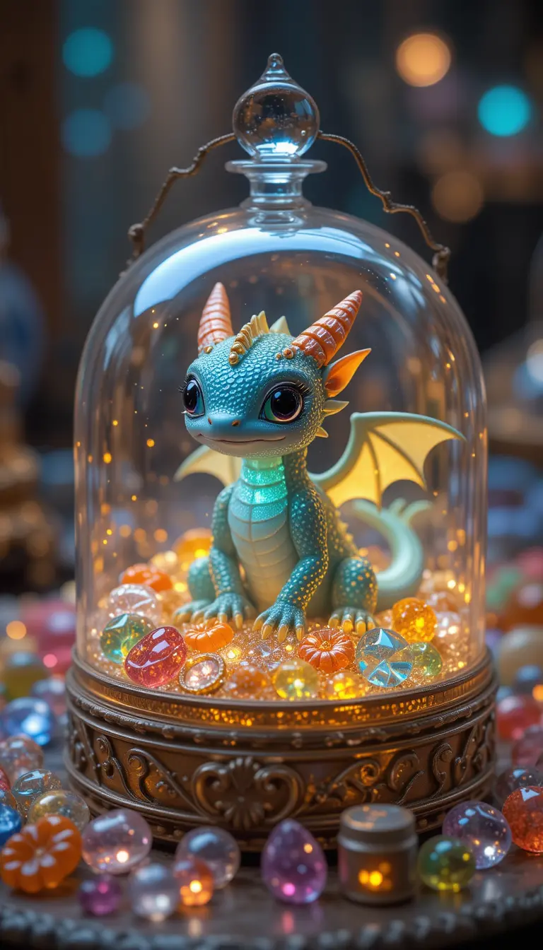 Cute baby dragon in a glowing glass jewelry box