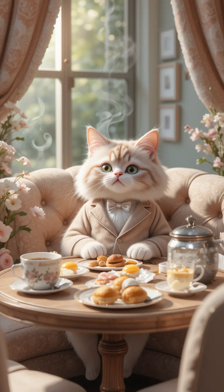 Fashionable 3d cat relaxing in a cozy breakfast nook