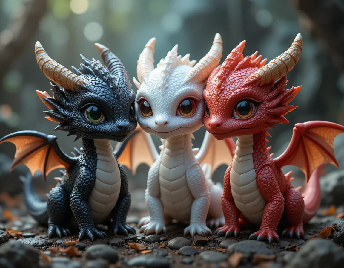 Three cute little dragons in a mysterious fantasy scene