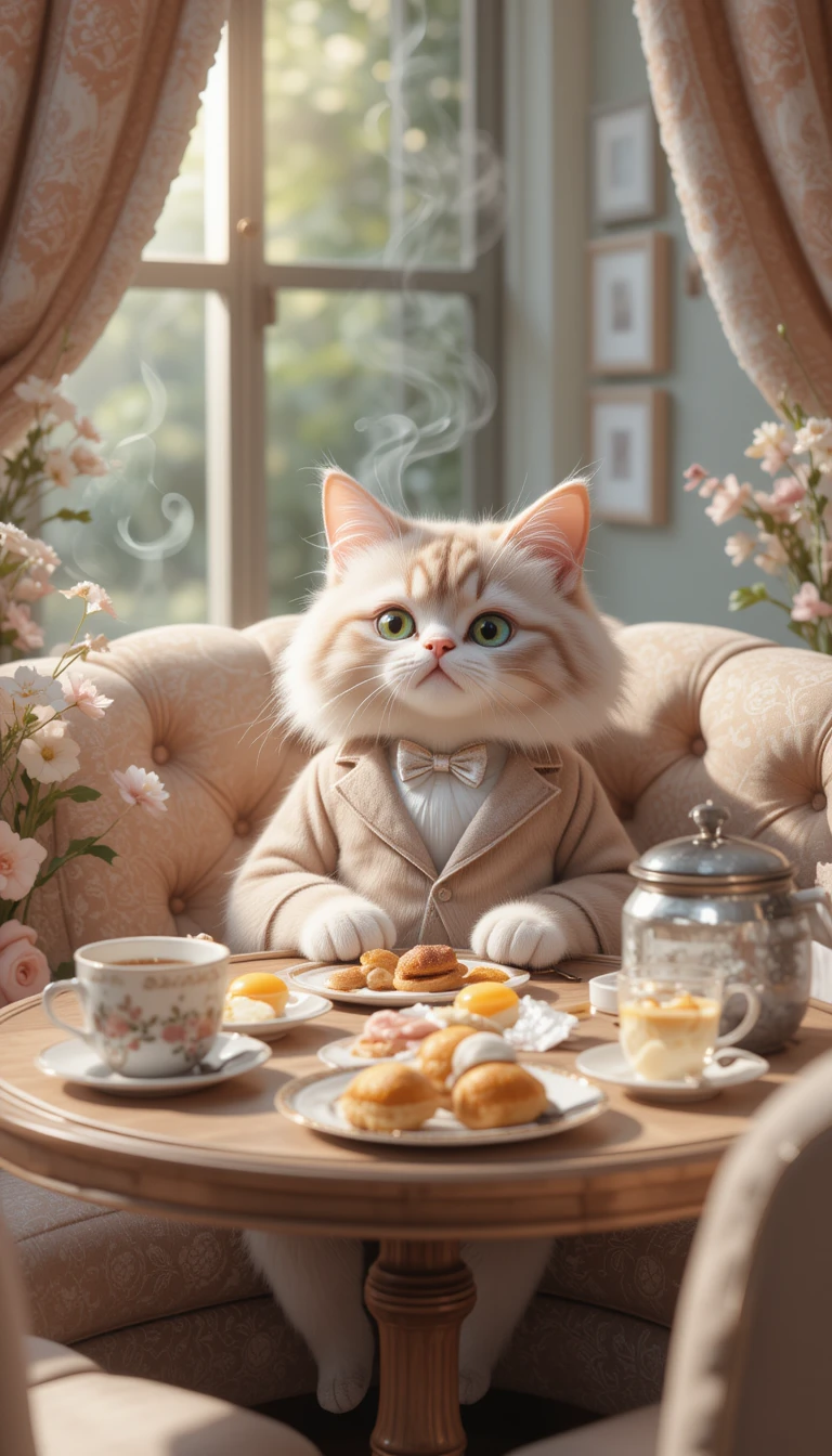 Gato 3D a la moda relajándose en un acogedor rincón de desayuno