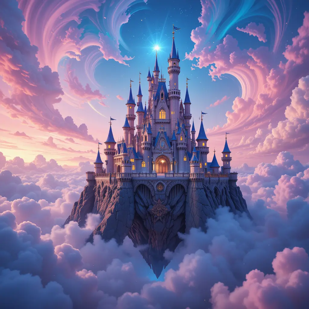 Glowing Floating Castle Above Swirling Pink And Blue Clouds