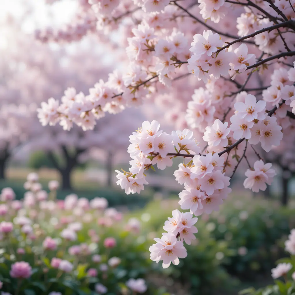 Peaceful cherry blossom garden with soft pastel spring colors