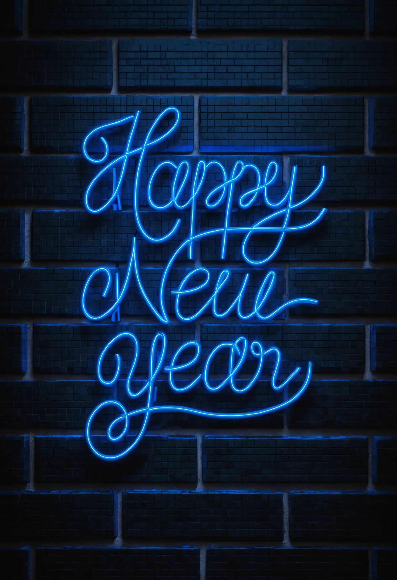 Blue neon happy new year sign on dark brick wall