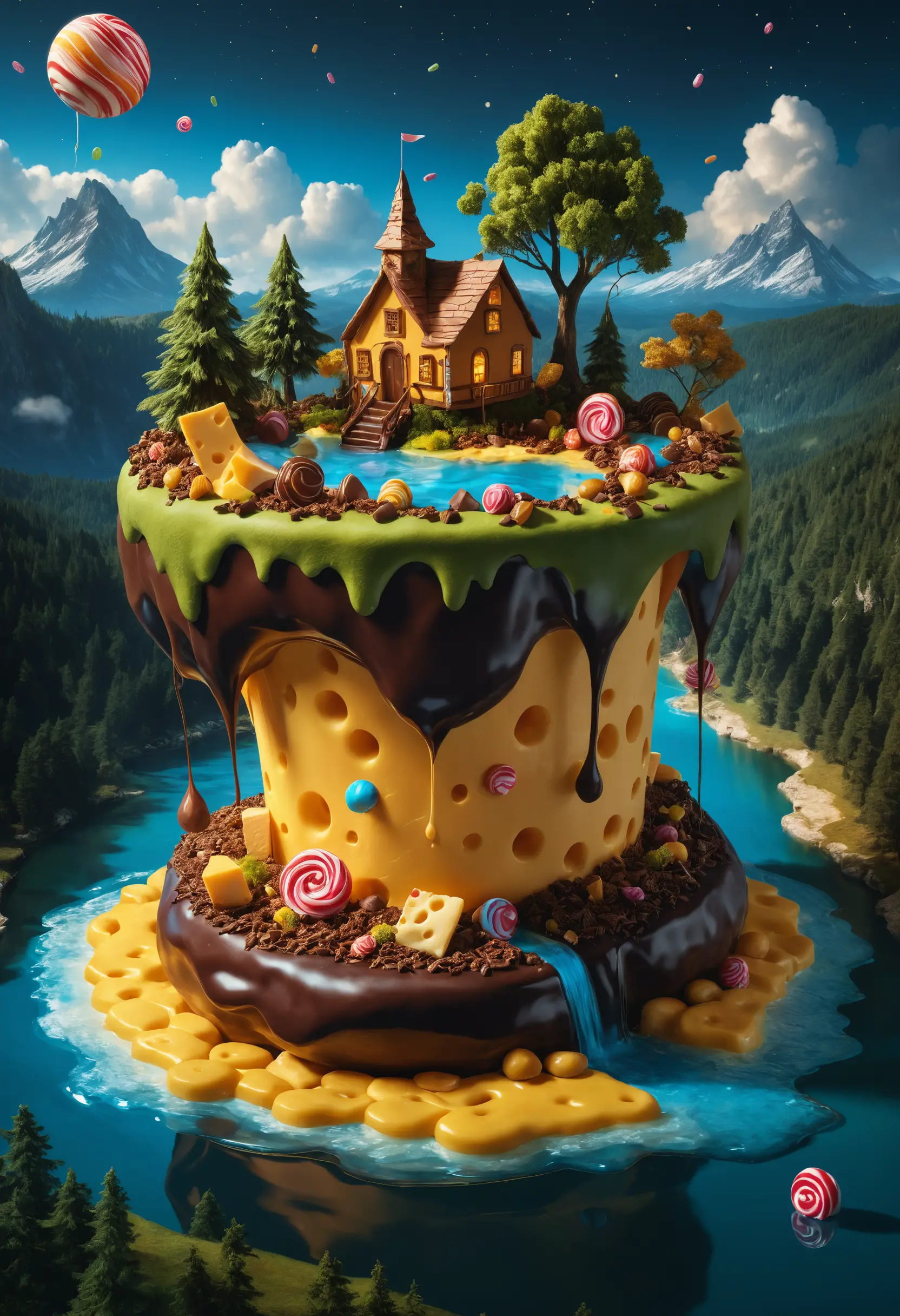 Surreal floating cheese island with chocolate river and candy forest
