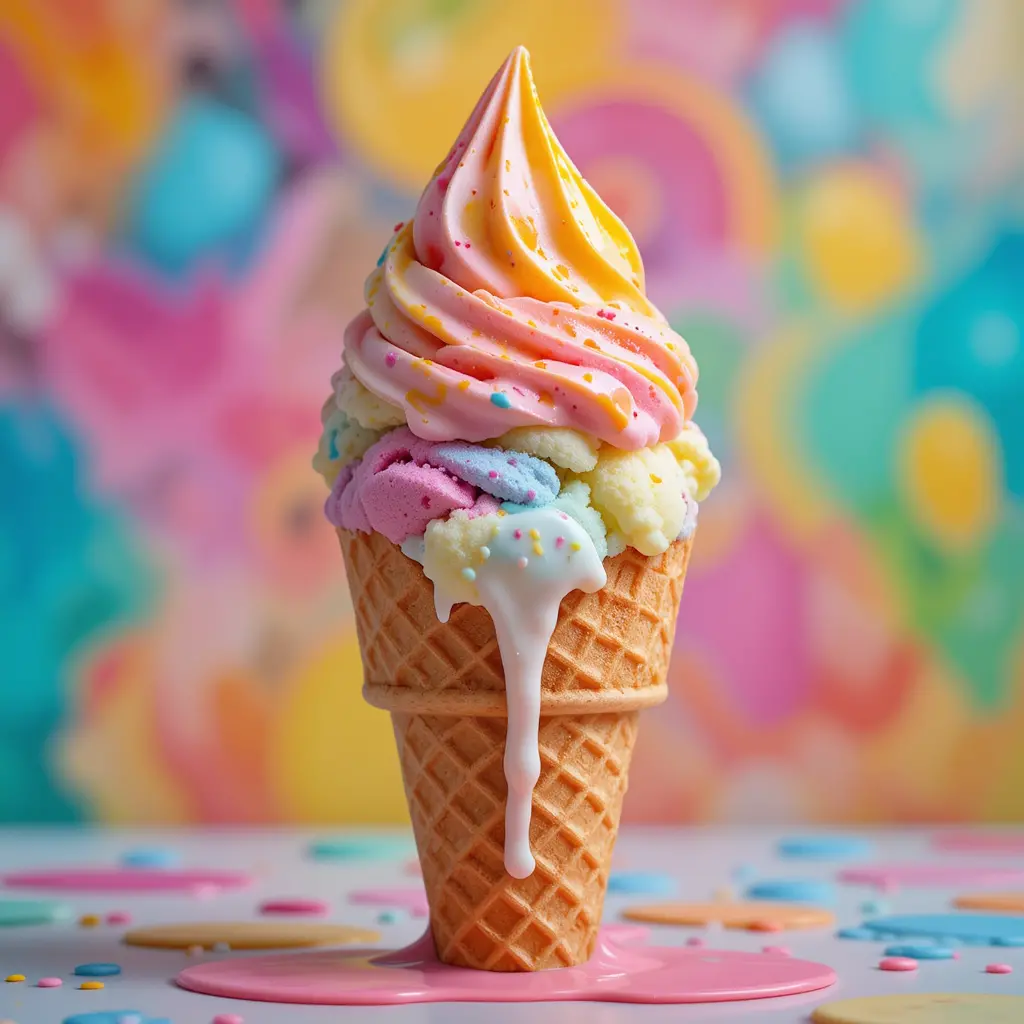 Colorful melting ice cream in waffle cone product shot