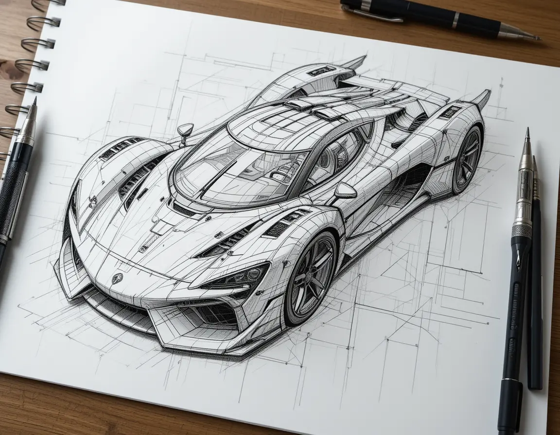 Futuristic hyper car technical sketch with mechanical close ups