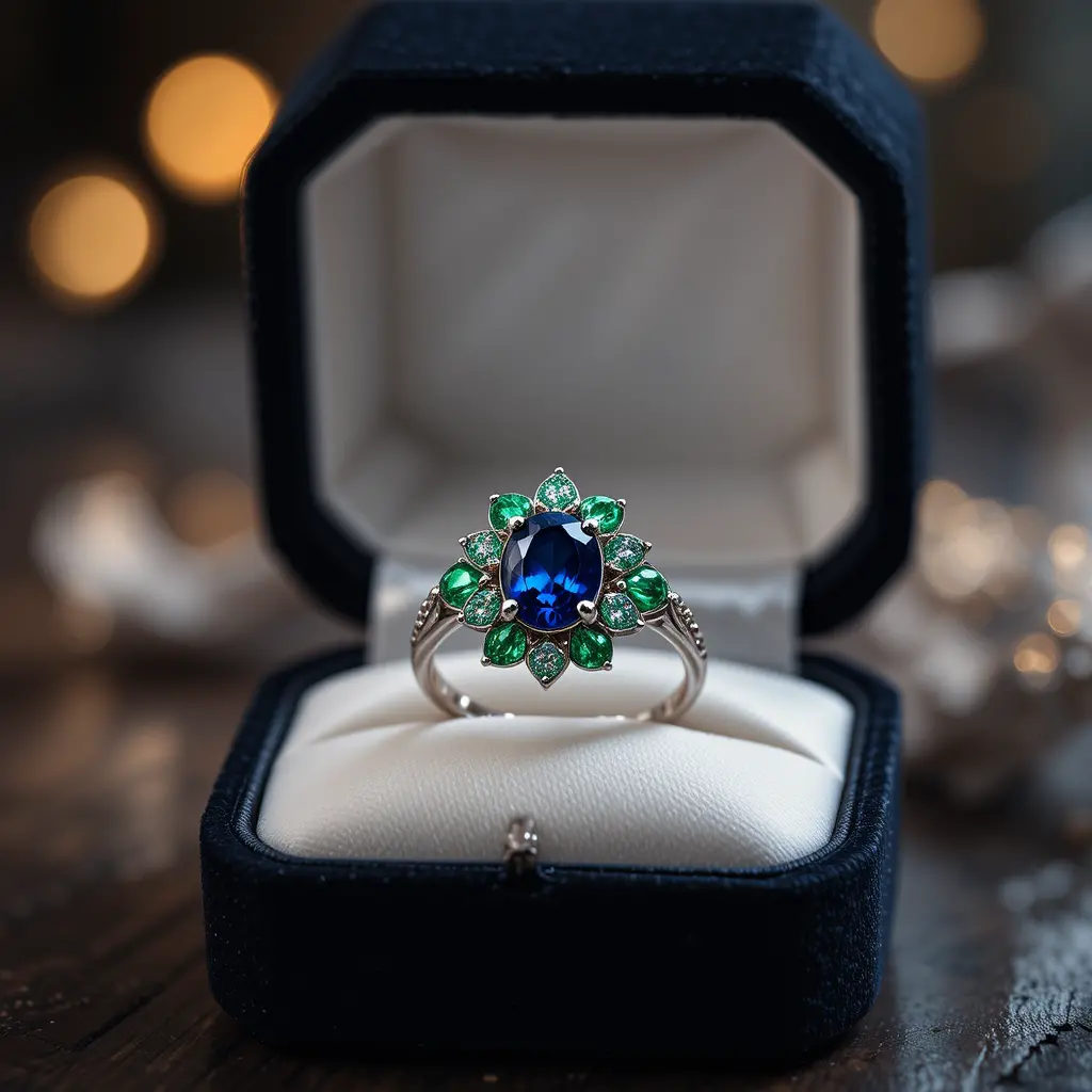 Emerald and sapphire wedding ring in velvet box close up