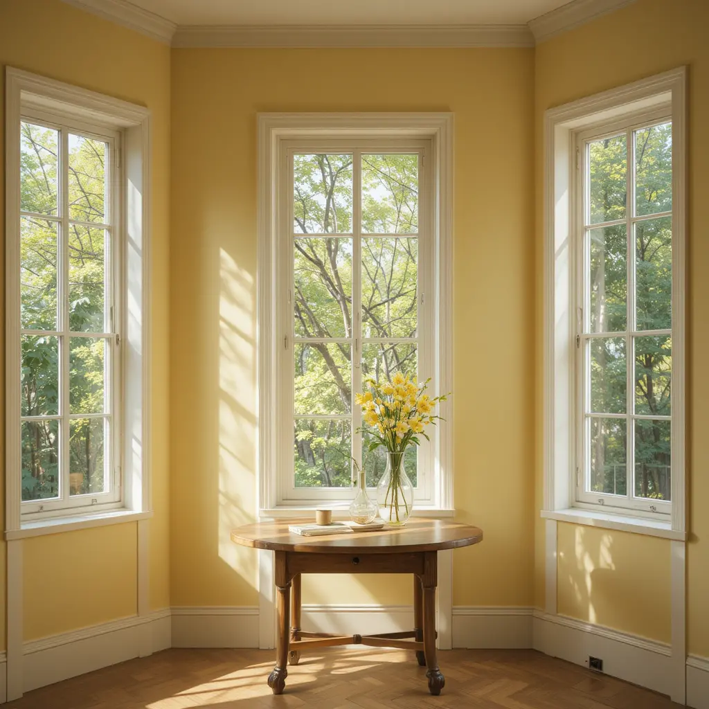 Sunlit dining room with wooden table and flowers