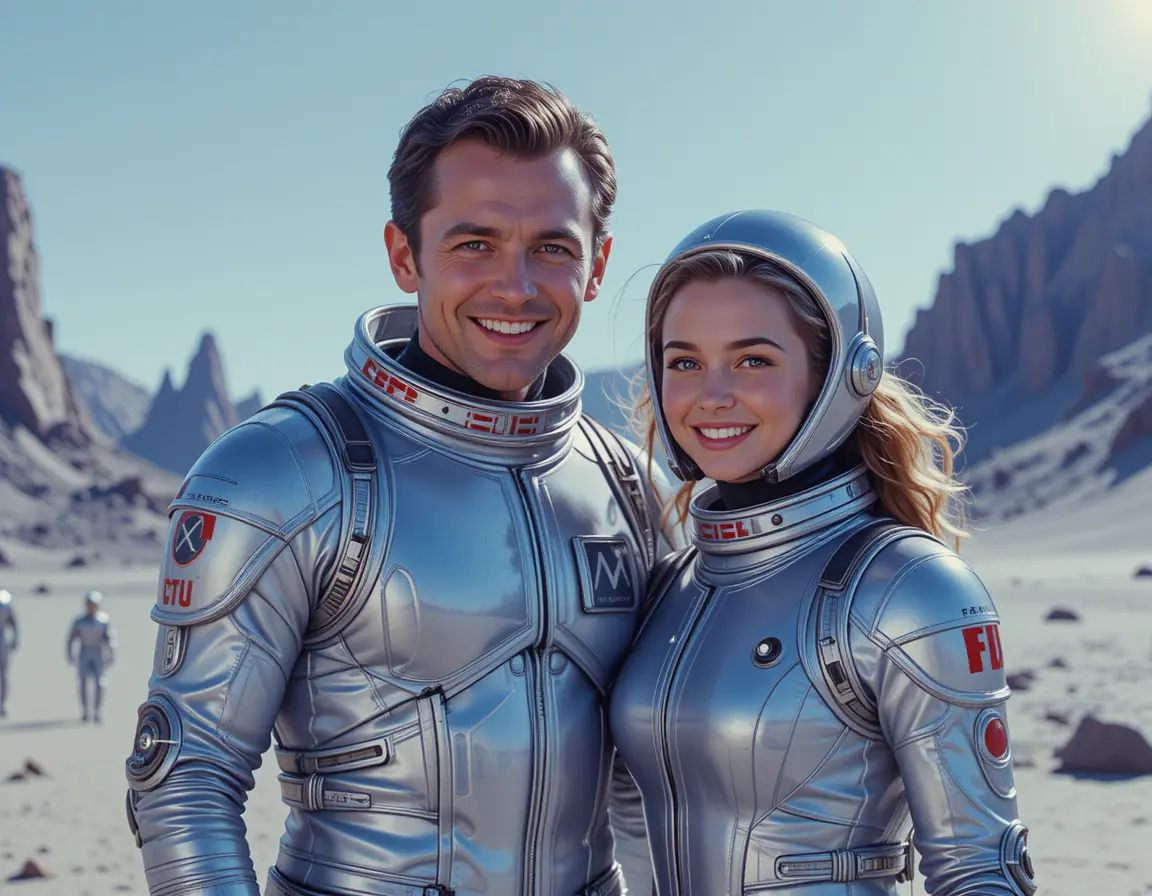 Man and girl in retrofuturistic spacesuits on alien world