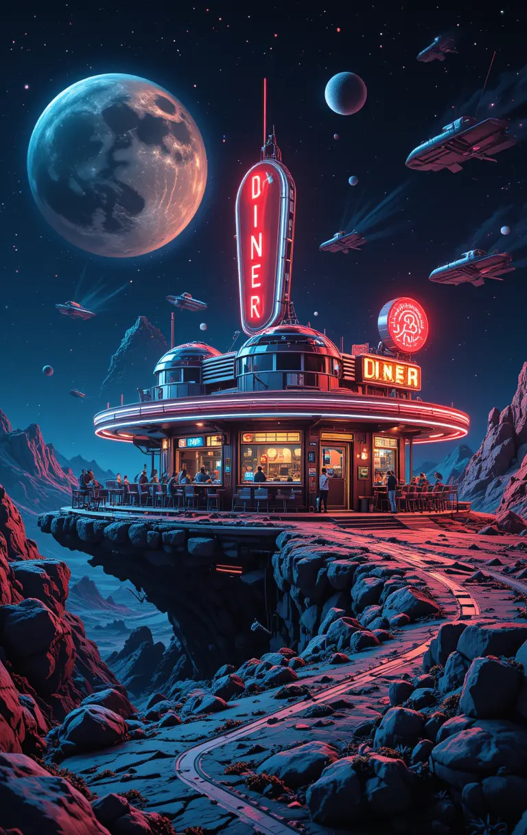 Retro sci fi diner on an asteroid with flying cars